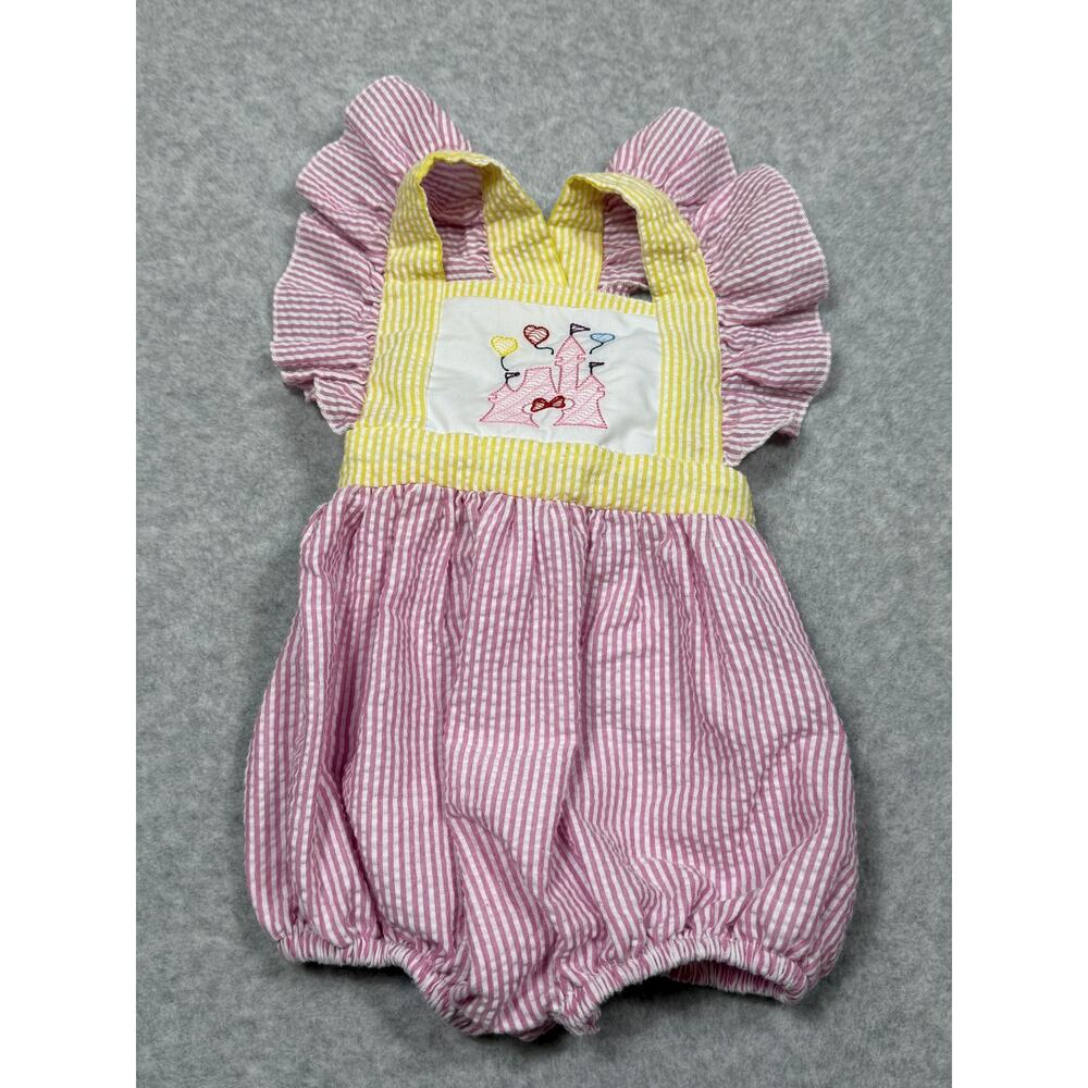 Smocked Sweets Baby Girls Size 9M Seersucker One Piece Embroidered Castle